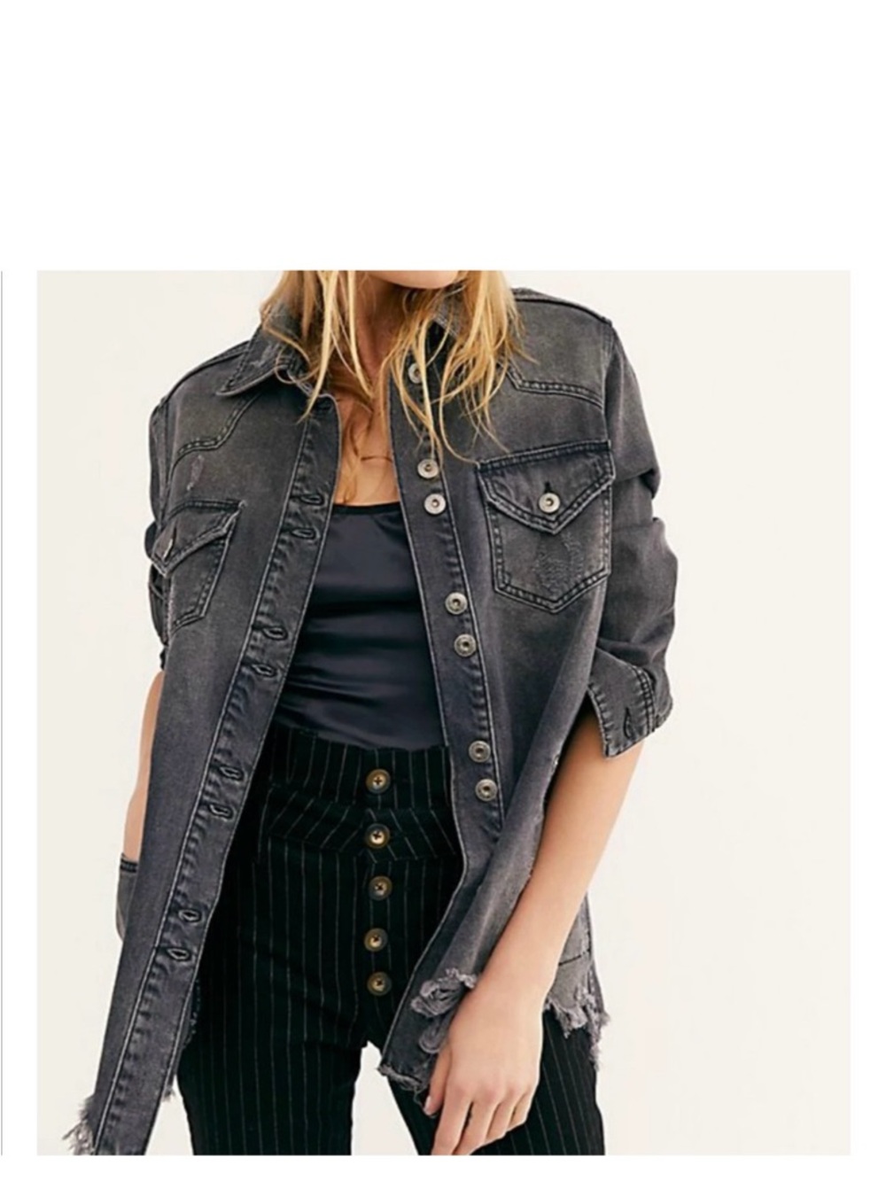 Free People Washed Black Denim Oversized Jacket